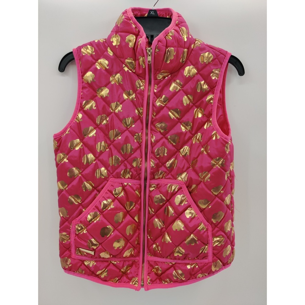 Simply Southern Womens Pink Gold Metallic Elephant Quilted Puffer Vest Small